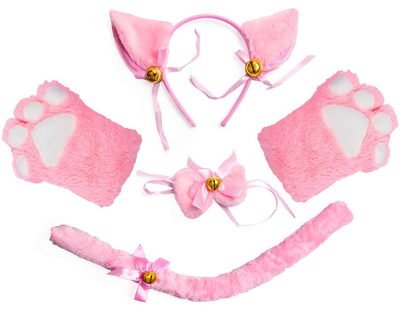 Beelittle Cat Cosplay Costume Kitten Ears Tail Collar Paws Cat Cosplay Collection 5 Pack (Pink) - Image 1